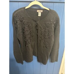 Vtg Tiara International Women's Black Embroidered Ramie Cotton Knit Cardigan PL